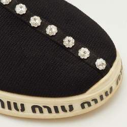 Pre Owned Miu Miu Run Size 37 Black Neoprene and Stretch Knit Crystal Embellished Slip On Sneakers