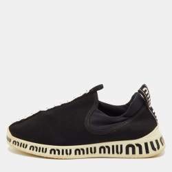 Pre Owned Miu Miu Run Size 37 Black Neoprene and Stretch Knit Crystal Embellished Slip On Sneakers