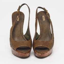 Pre Owned Miu Miu Size 39 Green Leather Peep Toe Slingback Pumps