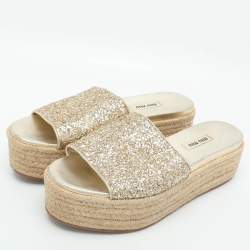 Pre Owned Miu Miu Size 38.5 Gold Glitter Espadrille Platform Slide Sandals 
