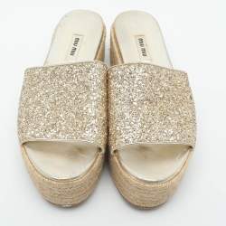 Pre Owned Miu Miu Size 38.5 Gold Glitter Espadrille Platform Slide Sandals 