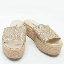 Pre Owned Miu Miu Size 38.5 Gold Glitter Espadrille Platform Slide Sandals 