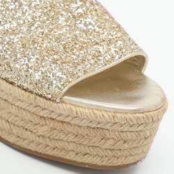 Pre Owned Miu Miu Size 38.5 Gold Glitter Espadrille Platform Slide Sandals 