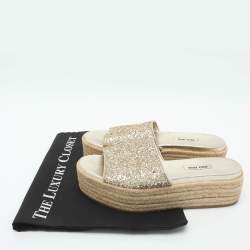 Pre Owned Miu Miu Size 38.5 Gold Glitter Espadrille Platform Slide Sandals 