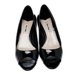 Miu Miu Black Patent Leather Crystal Block Heel Open Toe Pumps Size 37.5