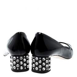 Miu Miu Black Patent Leather Crystal Block Heel Open Toe Pumps Size 37.5
