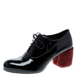 Miu Miu Black Patent Leather Red Shearling Fur Heel Oxfords Size 37
