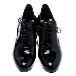 Miu Miu Black Patent Leather Red Shearling Fur Heel Oxfords Size 37
