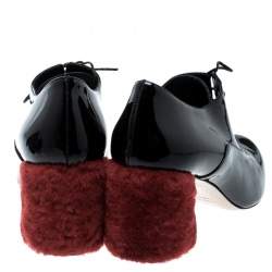 Miu Miu Black Patent Leather Red Shearling Fur Heel Oxfords Size 37