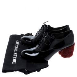 Miu Miu Black Patent Leather Red Shearling Fur Heel Oxfords Size 37