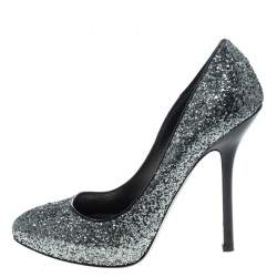 Miu Miu Metallic Silver Coarse Glitter Platform Pumps Size 39