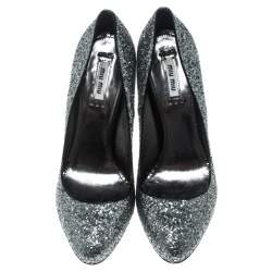 Miu Miu Metallic Silver Coarse Glitter Platform Pumps Size 39