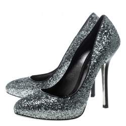 Miu Miu Metallic Silver Coarse Glitter Platform Pumps Size 39