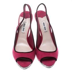 Miu Miu Pink Suede Crystal Embellished Heel Gliiter Platform Peep Toe Slingback Sandals Size 37.5