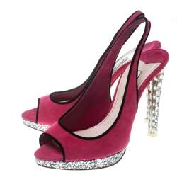 Miu Miu Pink Suede Crystal Embellished Heel Gliiter Platform Peep Toe Slingback Sandals Size 37.5