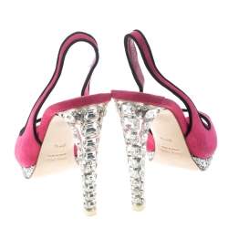 Miu Miu Pink Suede Crystal Embellished Heel Gliiter Platform Peep Toe Slingback Sandals Size 37.5