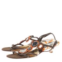 Pre Owned Miu Miu Multicolor Leather Ankle Strap Flat Sandals Size 37