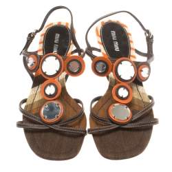 Pre Owned Miu Miu Multicolor Leather Ankle Strap Flat Sandals Size 37