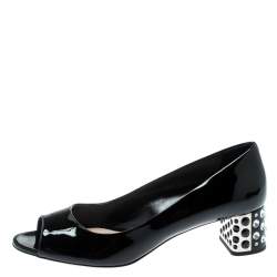 Pre Owned Miu Miu Black Patent Leather Crystal Embellished Heel Peep Toe Pumps 39