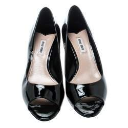 Pre Owned Miu Miu Black Patent Leather Crystal Embellished Heel Peep Toe Pumps 39
