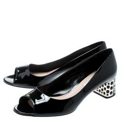 Pre Owned Miu Miu Black Patent Leather Crystal Embellished Heel Peep Toe Pumps 39