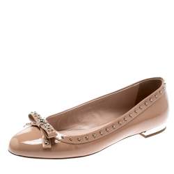 Miu Miu Beige Patent Leather Studded Bow Ballet Flats Size 37.5