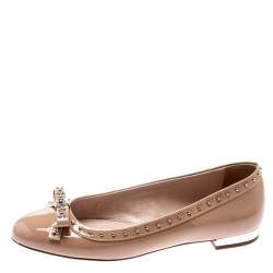 Miu Miu Beige Patent Leather Studded Bow Ballet Flats Size 37.5