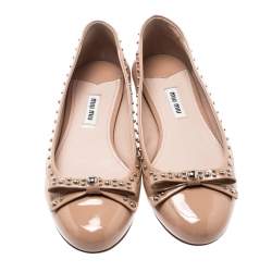 Miu Miu Beige Patent Leather Studded Bow Ballet Flats Size 37.5
