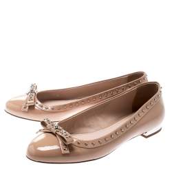 Miu Miu Beige Patent Leather Studded Bow Ballet Flats Size 37.5