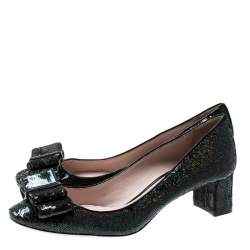 Pre Owned حذاء كعب عالي ميو ميو أسود ميتالك بترتر مزخرف وفيونكة مقاس 39