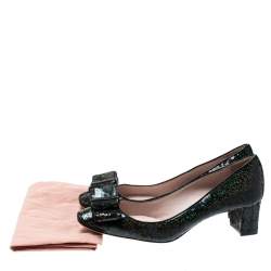 Pre Owned حذاء كعب عالي ميو ميو أسود ميتالك بترتر مزخرف وفيونكة مقاس 39