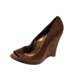 Pre Owned Miu Miu Brown Suede Peep Toe Wedges Pumps Size 39