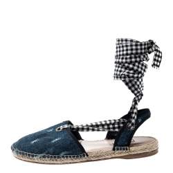 Miu Miu Blue Denim Fabric Tie Up Espadrille Flats Sandals Size 40