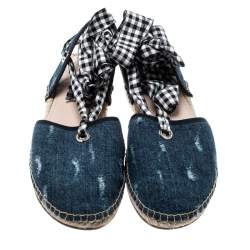 Miu Miu Blue Denim Fabric Tie Up Espadrille Flats Sandals Size 40