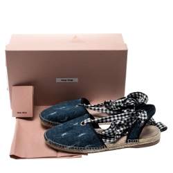 Miu Miu Blue Denim Fabric Tie Up Espadrille Flats Sandals Size 40