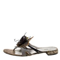 Miu Miu Multicolor Python Leather And Suede Spider Embellished Flat Sandals Size 37