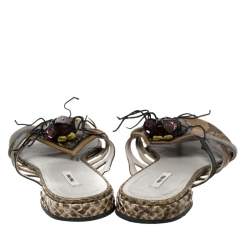 Miu Miu Multicolor Python Leather And Suede Spider Embellished Flat Sandals Size 37