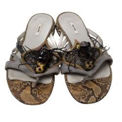 Miu Miu Multicolor Python Leather And Suede Spider Embellished Flat Sandals Size 37