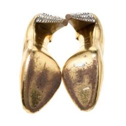 Miu Miu Gold Metallic Leather Crystal Embellished Heel Sandals Size 38.5