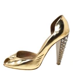 Miu Miu Gold Metallic Leather Crystal Embellished Heel Sandals Size 38.5