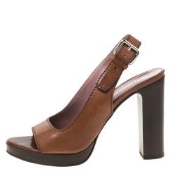 Miu Miu Brown Leather Open Toe Slingback Platform Sandals Size 37