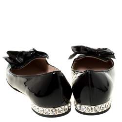 Pre Owned Miu Miu Black Patent Leather Studded Bow Ballet Flats Size 37.5