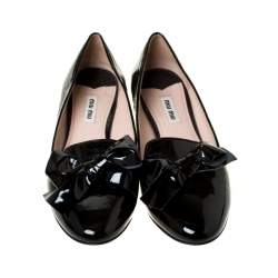 Pre Owned Miu Miu Black Patent Leather Studded Bow Ballet Flats Size 37.5