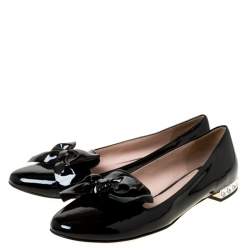 Pre Owned Miu Miu Black Patent Leather Studded Bow Ballet Flats Size 37.5