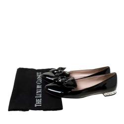 Pre Owned Miu Miu Black Patent Leather Studded Bow Ballet Flats Size 37.5