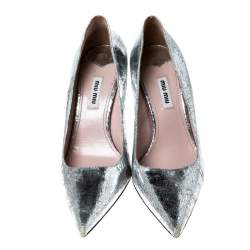 Pre Owned Miu Miu Silver Metallic Leather Specchio Pointed Toe Pumps Size 38.5