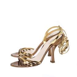 Miu Miu Metallic Gold Leather Ankle Wrap Sandals Size 38