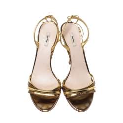 Miu Miu Metallic Gold Leather Ankle Wrap Sandals Size 38