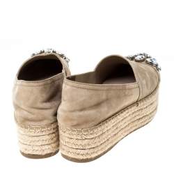 Miu Miu Beige Nubuck Embellished Platform Espadrilles Flats Size 38