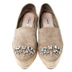 Miu Miu Beige Nubuck Embellished Platform Espadrilles Flats Size 38